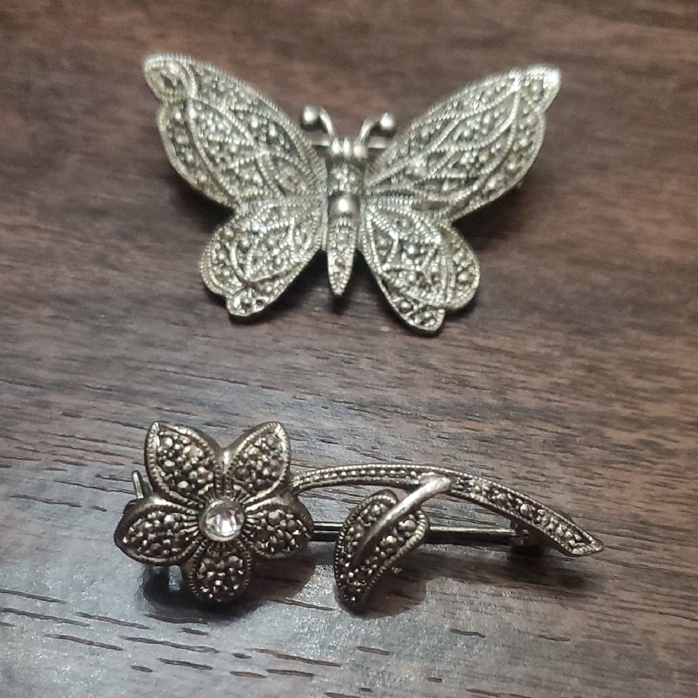 Intricate Silver Brooch Set with Butterfly and Floral Designs Marcasite